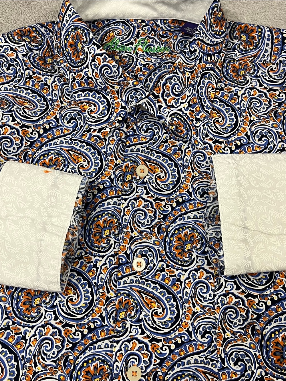 Alan Flusser Paisley Shirt Mens Large Blue Orange Cotton Button Down Long Sleeve